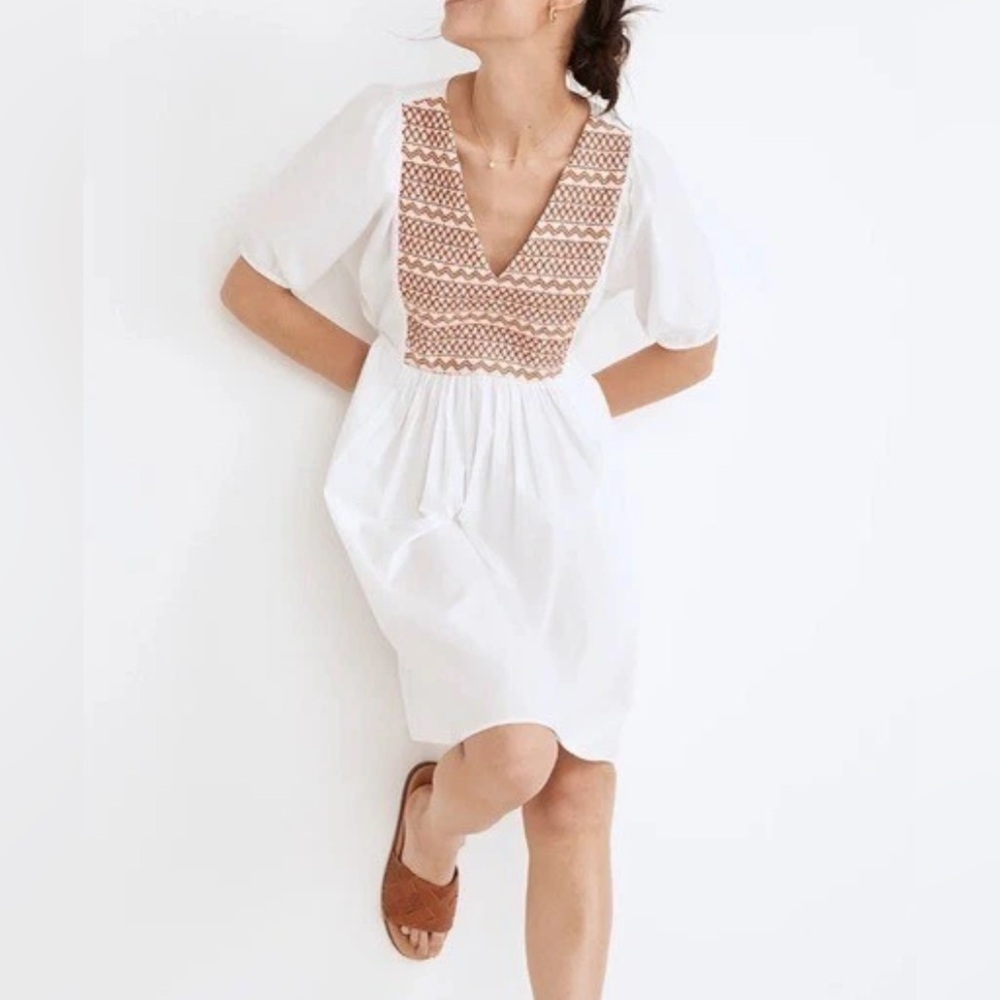 Madewell White Embroidered Smocked Dress Size Medium